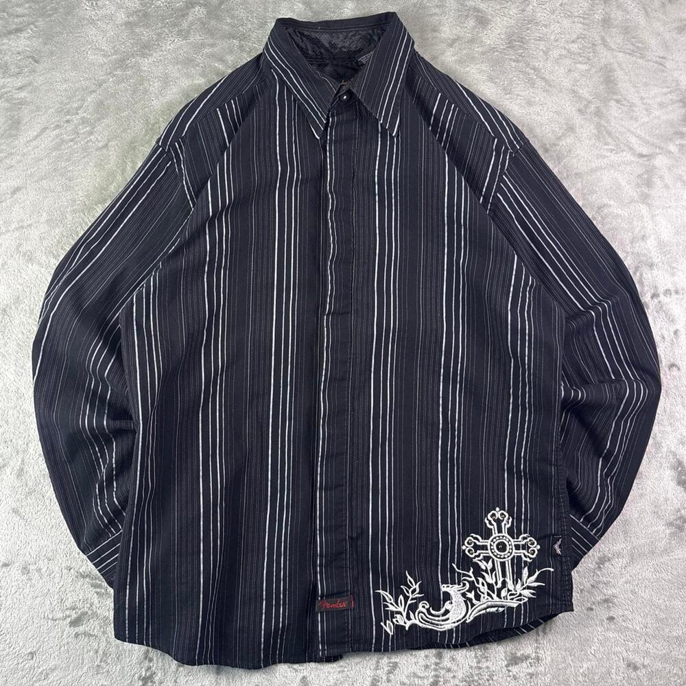 Fender Custom Shop Cross Embroidered Black Pinstriped Button-up Shirt Size M